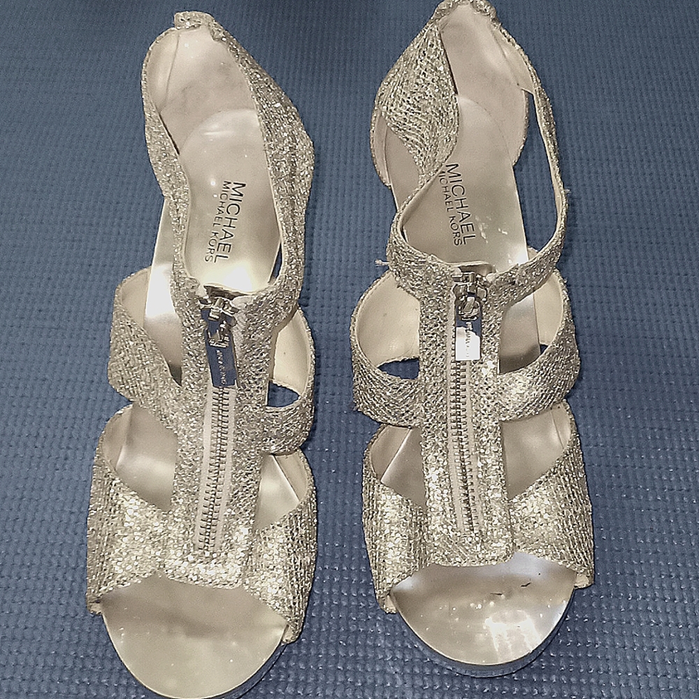 Berkley T-Strap Michael Kors silver sparkley heels